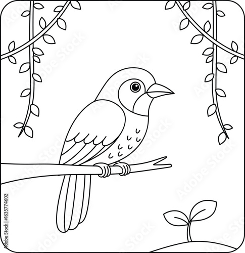 Bird sitting calmly on a branch surrounded by leafy vines in a cartoon-style black and white vector illustration featuring a sprouting plant simple background and rounded framing
