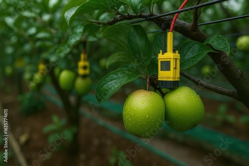Innovative monitoring devices attached to apple trees in a lush orchard