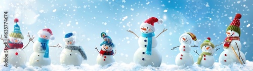 Four funny cheerful snowmen standing in winter Christmas landscape. Merry Christmas and happy New Year greeting card with copy-space. Winter background