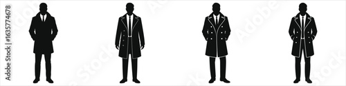 Men's Fashion Silhouette Collection: Four Stylish Overcoat Designs - Black & White Vector Illustration, Business Attire, Formal Wear, Modern Style, Isolated on White