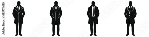 Set of four black silhouettes of men wearing formal business suits and stylish overcoats with ties, standing confidently isolated on white background, representing professionalism and modern fashion