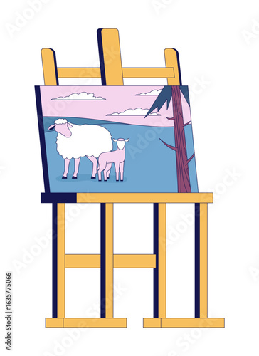 Sheep landscape painting on easel 2D cartoon object. Pastoral rural field on canvas. Scenic calm artwork. Artistic hobby. Visual art isolated element flat vector clip art on white. Spot illustration
