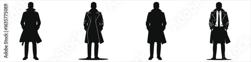 Trench Coat Men Silhouette Set – Stylish Detective Spy Male Figures in Long Overcoats with Hands in Pockets, Vintage Noir Fashion Vector Illustration for Mystery Crime Thriller Poster, Branding Design