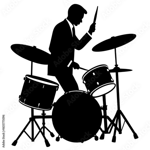 Black silhouette of a drummer playing drums vector