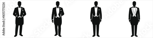 Elegant Tuxedo Gentleman Silhouette Set – Formal Black Tie Men in Bow Ties, Tailcoats, Waistcoats Adjusting Cuffs and Buttons – Vector Illustration for Wedding Groom, Invitation, Luxury Event Design, 