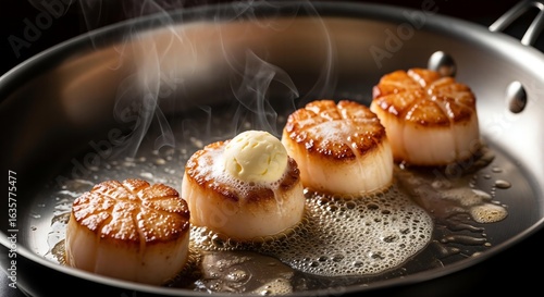 A sophisticated and dramatic close-up of four large sea scallops achieving a perfect golden-brown sear in a foaming butter bath within a stainless steel pan.