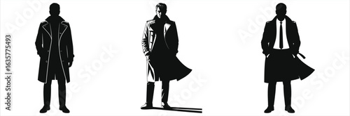 Mysterious Men in Trench Coats Silhouette Vector Set. Noir detective and spy style illustrations, perfect for thriller, film, and book cover design projects.