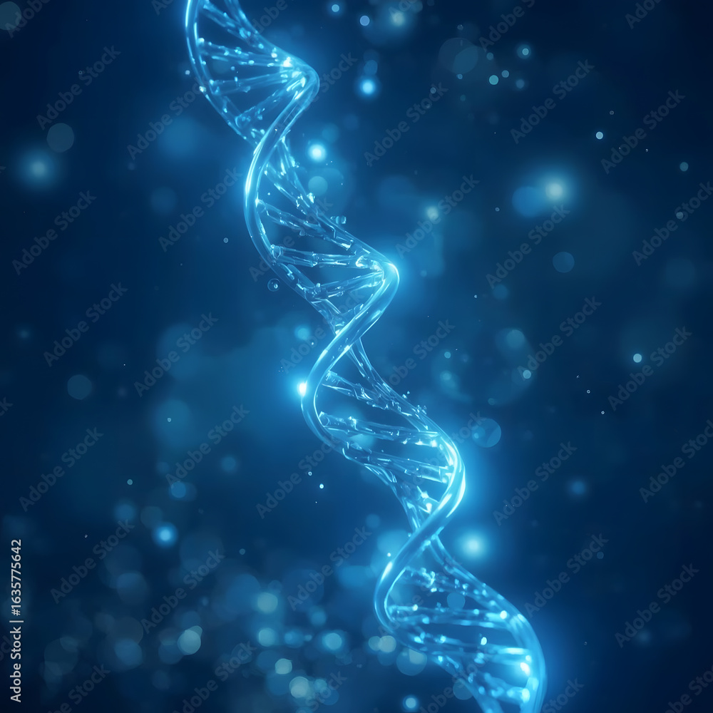 Obraz premium Glowing 3D DNA Strand in Blue Sci-Fi Style