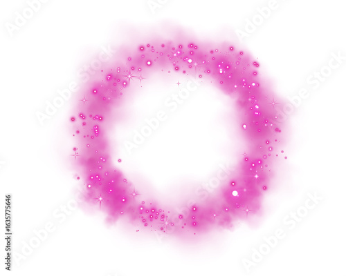 Realistic pink smoke circle or haze with pink glittering particles