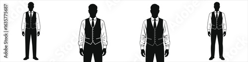 Businessman silhouette vector set of men in waistcoat and tie — formal attire illustrations, black and white standing poses, corporate fashion, waiter or bartender uniform, isolated on white, graphics