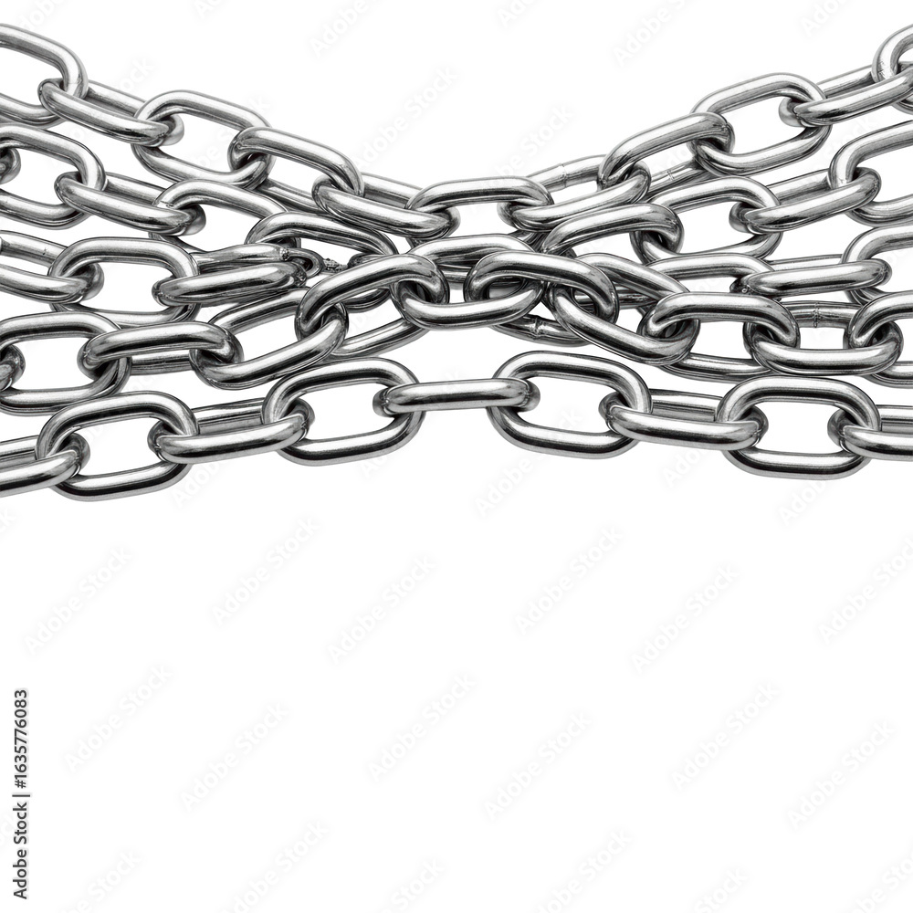 Fototapeta premium Highly polished, reflective chrome chains intricately interwoven and elegantly draped on a transparent background with ample copy space below, studio lit to highlight sharp contours. Concept of