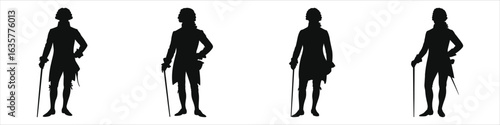 Four 18th century gentlemen silhouettes with canes – Georgian Regency fashion, vintage aristocrat figures, historical costume illustration, black silhouettes isolated on white, elegant males posed set