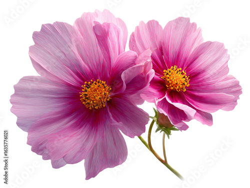 Two pink cosmos flowers isolated on transparent background in full bloom