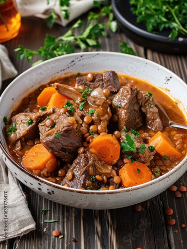 A bowl of steaming Lamb stew with lentils and carrots rests on a dark wooden table. A linen napkin sits to the side, bathed in soft, diffused light