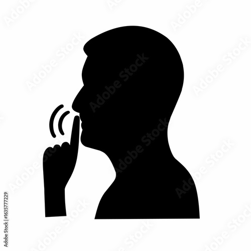 Vector illustration of a quiet and silent sign. The "shhh" gesture icon features a black man's face and hand. His finger is covering his mouth against a white background.