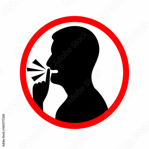 A vector illustration of a man's head making a "shhh" gesture, showing his face with his mouth open and his hands. The "Please be quiet" concept is marked with a red circle.