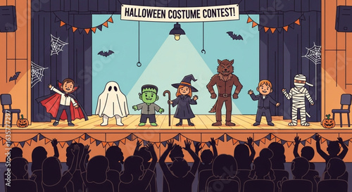 Children in Halloween costumes participate in a school costume contest, showcasing their creative outfits to an enthusiastic audience.