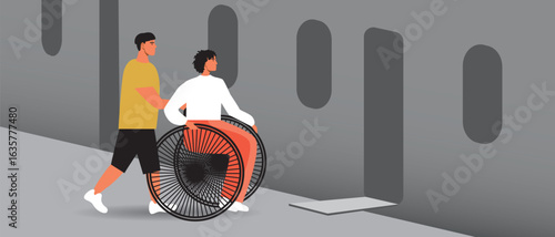 Inclusive family or couple near train at station, flat vector stock illustration as concept of Accessible Travel for inclusive people