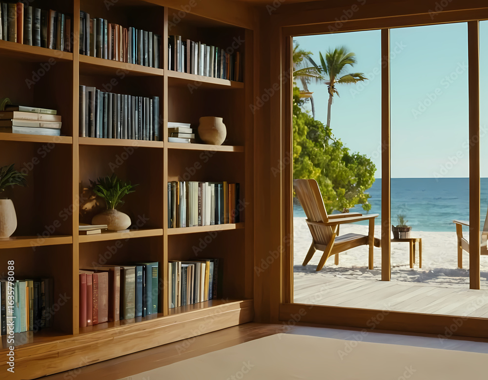 Fototapeta premium ocean bookshelf background retirement home office study library with window interior of trees and beach backdrop. Bookshelves in contemporary room. Online virtual, modern home interior at the sea