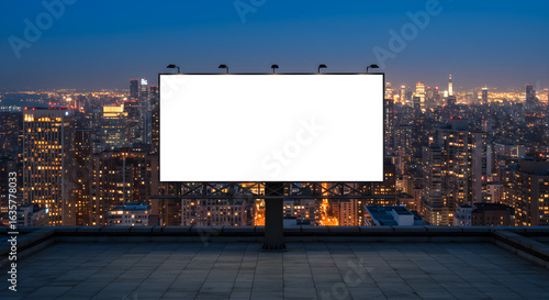 A blank white billboard on a rooftop overlooking a brightly lit urban cityscape skyline at night.