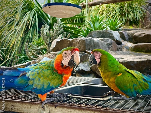 Hybrid macaw parrots perched near water in outdoor aviary
