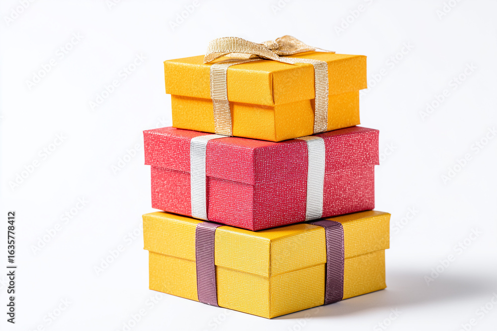 Obraz premium Stack of christmas theme gift box isolated on white background, Selective focus present box with red paper wrap.