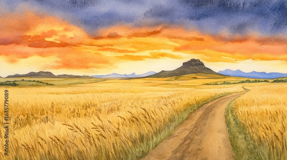 Fototapeta premium Golden wheat field sunset landscape