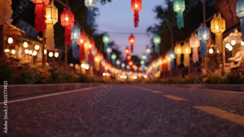 Wallpaper Mural A vibrant street scene at dusk, lined with colorful lanterns illuminating the path, creating a festive atmosphere for pedestrians enjoying the evening in a lively market setting Torontodigital.ca