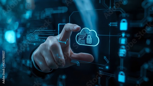 Conceptual close-up of a virtual digital key in a synthetic hand accessing a cloud interface, representing encrypted data access and secure cloud computing technology