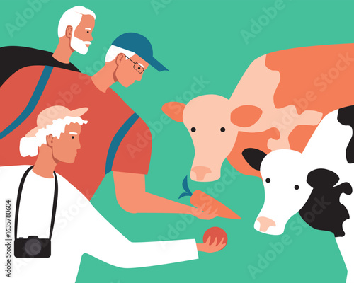 Groups of friends Older adults choose Responsible Travel, flat vector stock illustration as content reflecting sustainable practices becomes increasingly valuable