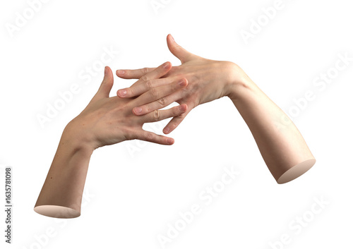 Female hands with fingers joined in clasped gesture, symbolizing unity and connection with creative