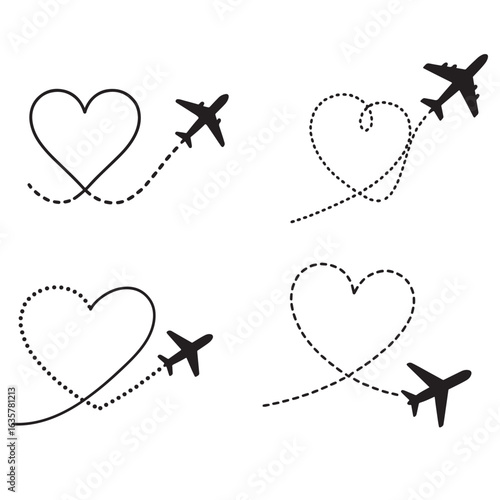 airplane flying with heart shaped trail vector.  plane symbol with dotted line route