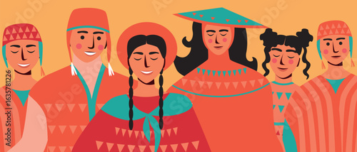 BIPOC people in traditional clothes in Latin America or Peru, flat vector stock illustration with Indigenous people as a concept of experiencing local culture and traditions