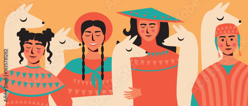 BIPOC people with llamas or alpacas in latin america or peru on alpaca day, flat vector stock illustration with Indigenous people as a concept of experiencing local culture and traditions