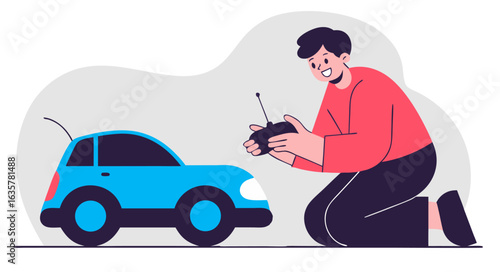 Boy kneeling on the floor, smiling and playing with a remote control car. The car is in motion with playful movement lines