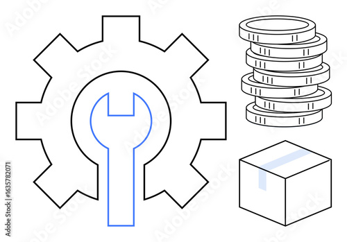 Gear with wrench, coin stacks, and box visualizing maintenance, economic planning, and logistics. Ideal for business, repair, financial growth, process management industry resources simple flat