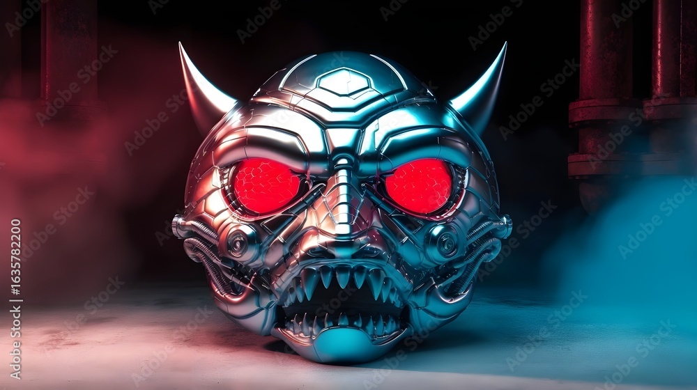 Naklejka premium Cyberpunk Chrome Oni Mask with Glowing Red Eyes – Detailed Sci-Fi Digital Illustration