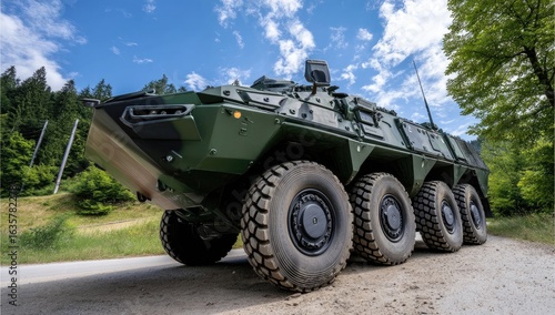 Modern armored vehicle with multiple wheels, in green and black colors, in the background there is an asphalt road surrounded by trees,