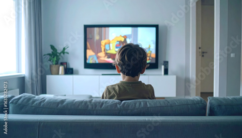 A child sitting alone in the house watching TV on the sofa represents loneliness, isolation, and solitude.