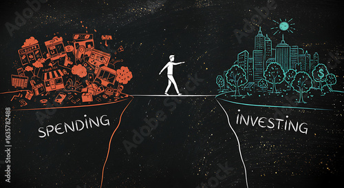 Striking Visual Metaphor Navigating the Financial Crossroads Between Impulsive Spending and Strategic Investing for Sustainable Wealth and Future Security