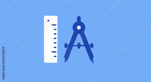 Minimal ruler and compass icon, solid blue and white, no outline isolated vector art