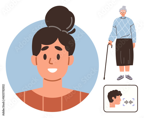 Portrait of a smiling young woman, standing elderly woman with cane, and digital face recognition interface. Ideal for technology, aging, healthcare, identification, demographics, diversity