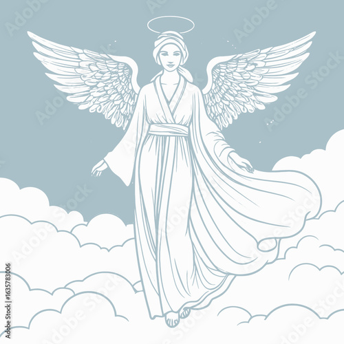 Angelic figure floating among clouds wings halo