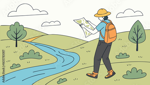 A man with a backpack is hiking in nature, reading a map to find his way along the river, exploring the landscape and enjoying the scenery