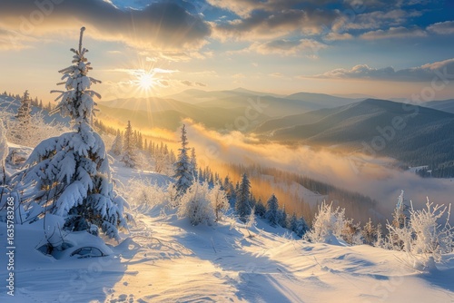 Tief verschneite Winterlandschaft in den Bergen , Winter lands chaft, Sonnenuntergang in den verschneiten Alpen