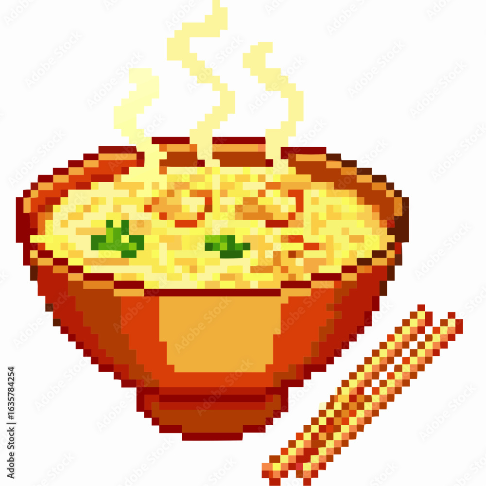 Fototapeta premium a hot bowl of pixel art ramen, complete with steam rising from the broth, noodles, and a pair of chopsticks, in a charmingly nostalgic style.