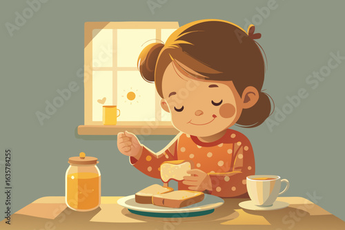Little girl in pajamas trying a crispy toast with honey and butter on a lazy morning