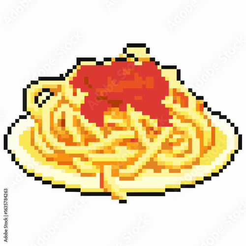 a classic pixel art illustration of a plate of spaghetti with a generous dollop of rich red sauce on top, in a charmingly retro, digital style.