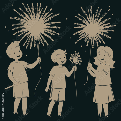 Children holding sparklers with fireworks celebration