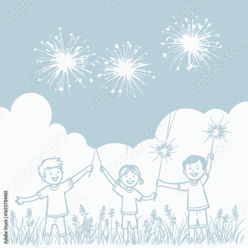 Children celebrating with sparklers and fireworks celebration